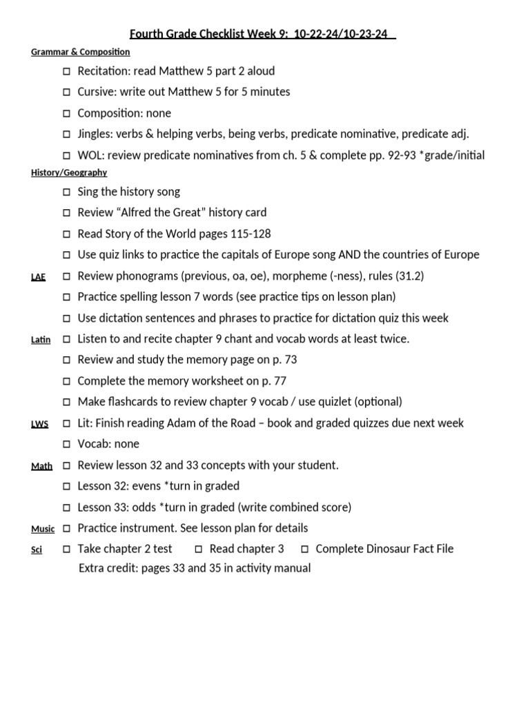 Fourth Grade Week 9 Checklist | PDF | Word | Linguistic Typology