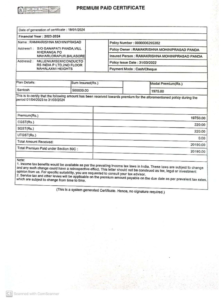 Postal Life Insurance Premium Certificate | PDF