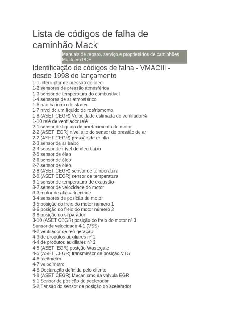 Lista de Códigos de Falha da Mack Truck | PDF | Motores | Bens ...