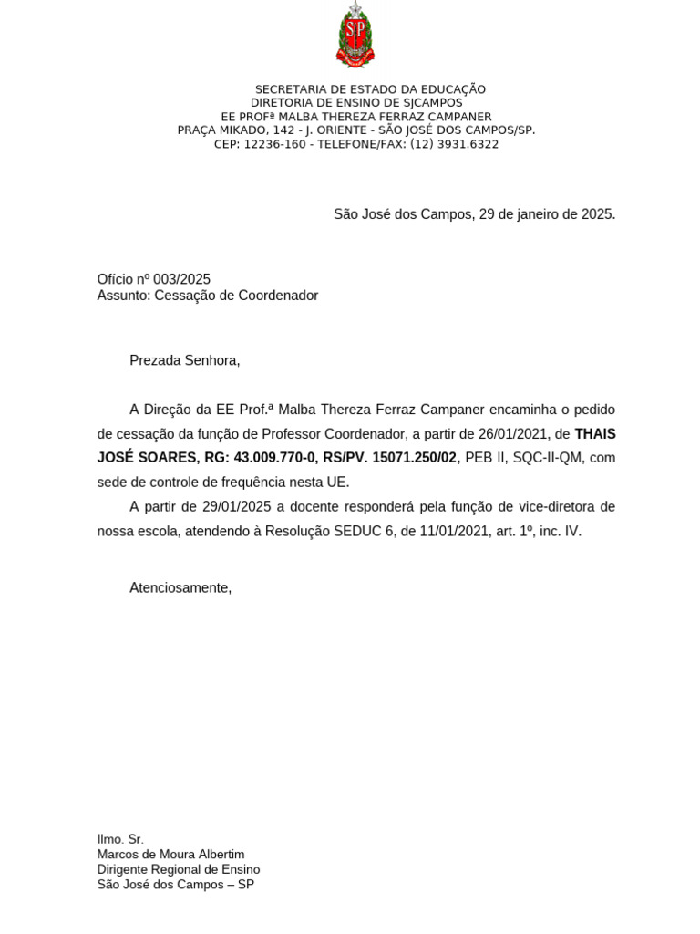 Oficio Cessação de Coordenador Sandra Rosa | PDF