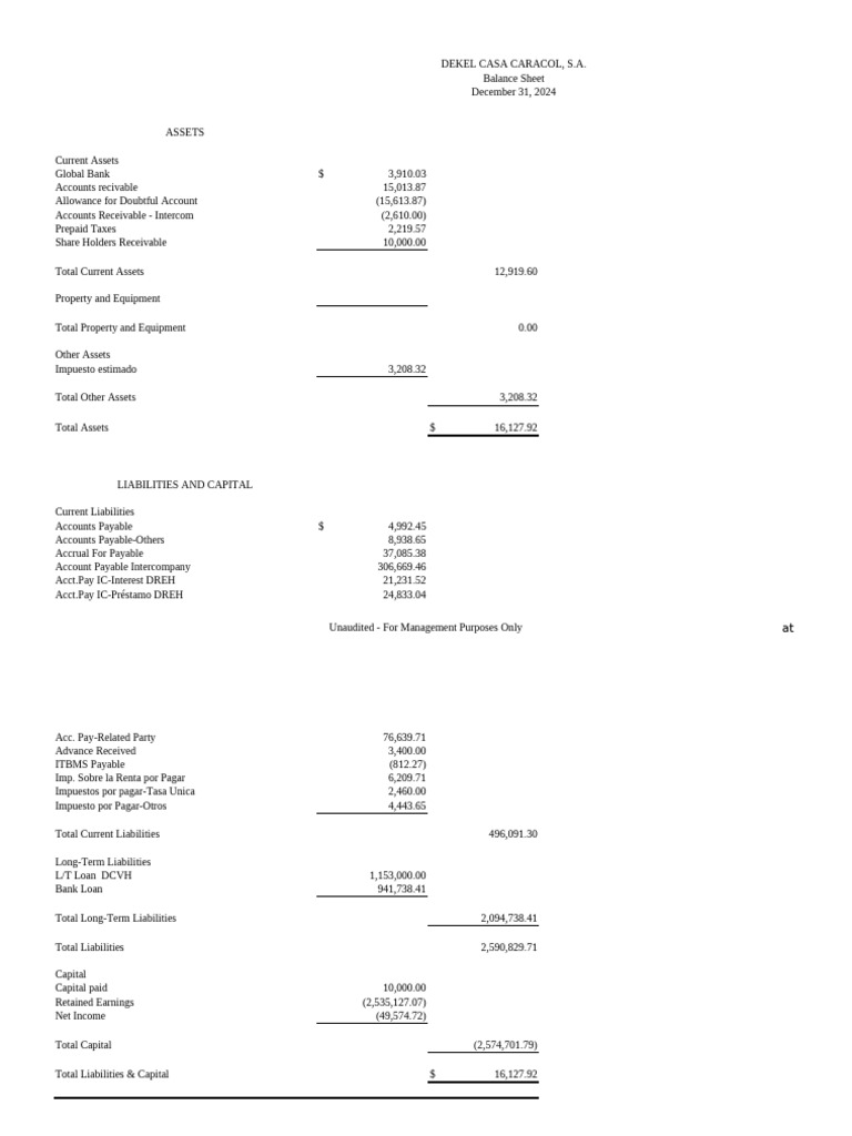 Balance Sheet for Dekel Casa Caracol | PDF | Balance Sheet | Financial ...