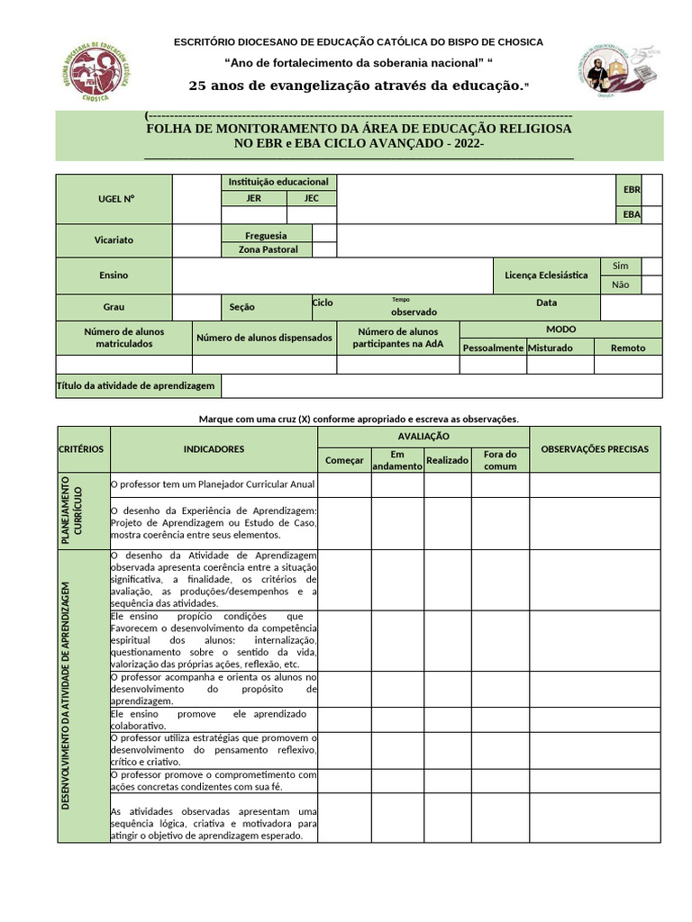 Ficha de Monitoramento Da Área de Educação Religiosa | PDF | Aprendizado
