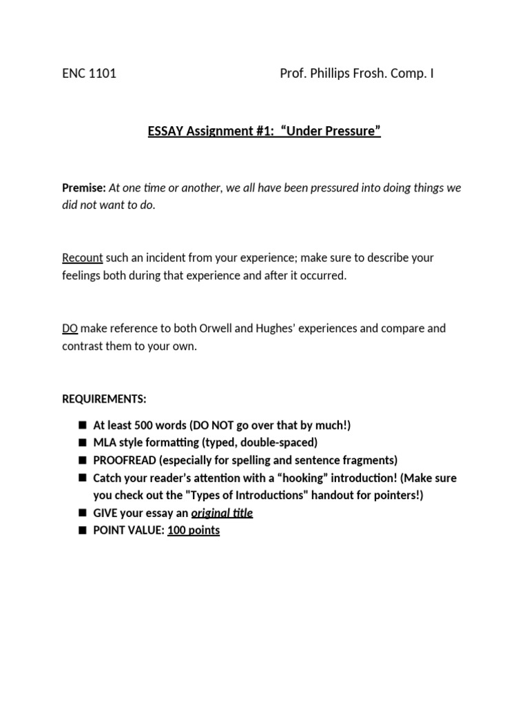 Essay Assignment - UNDER PRESSURE For Online Classes | PDF