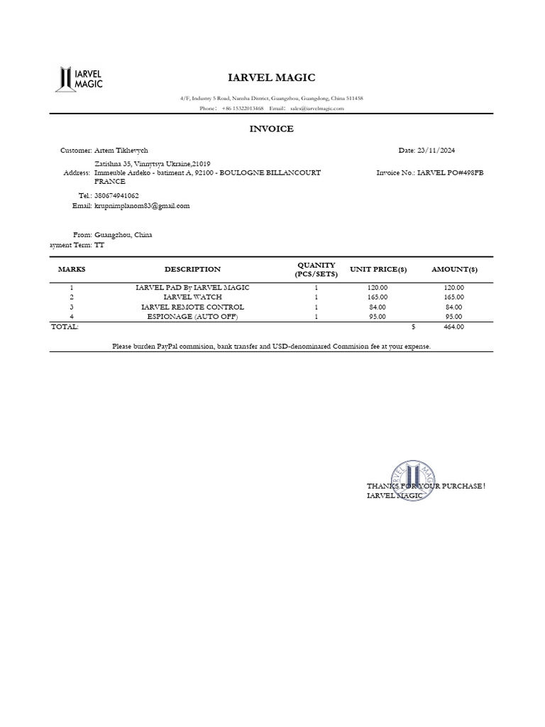 Invoice for IARVEL Magic Products | PDF