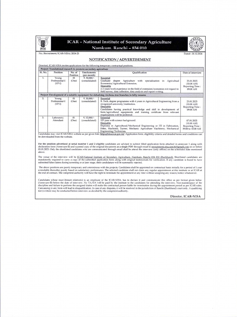 Vacancy Young Professional and Lab Attendant | PDF