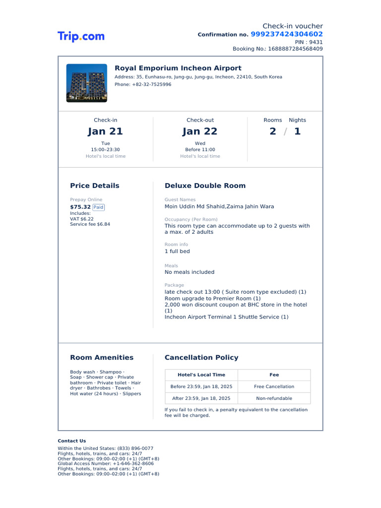 Incheon Airport Hotel Check-in Voucher | PDF