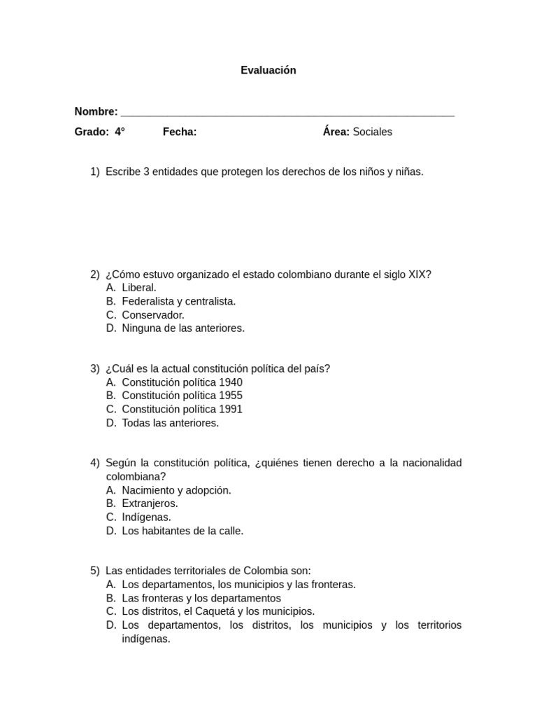Evaluación de Sociales para 4° Grado | PDF