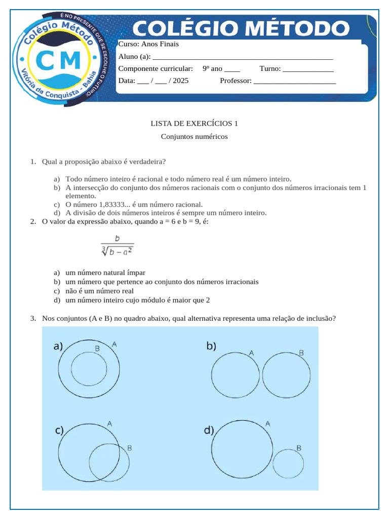 Exercícios sobre Conjuntos Numéricos 9º Ano | PDF | Números | Número real