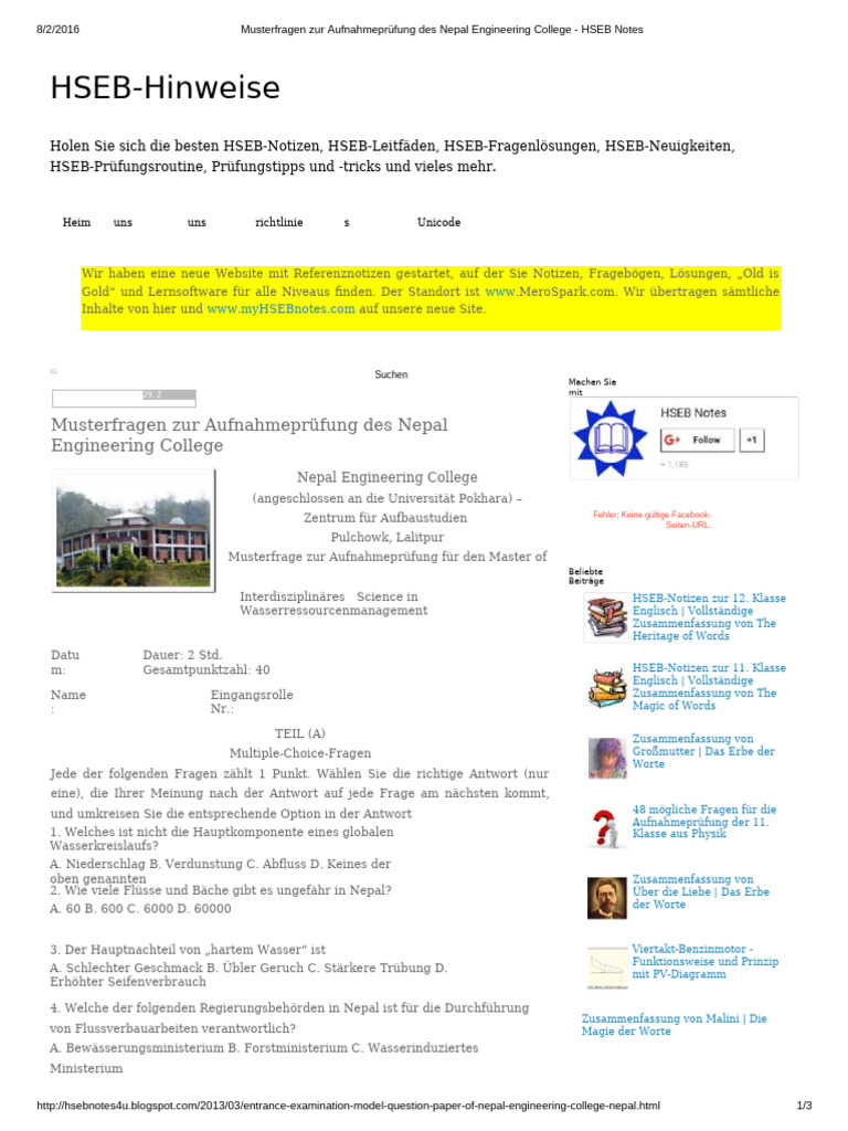 Eingangsexamen Modellfragen Des Nepal Engineering College HSEB Notizen ...
