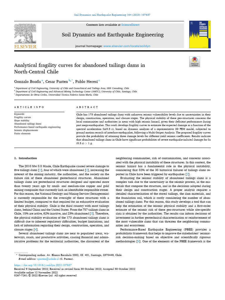 Fragility Curves for Chilean Tailings Dams | PDF | Earthquakes | Moment ...