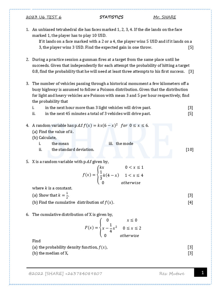 2023 U6 Statistics Test 6 Share.... PM | PDF | Poisson Distribution ...