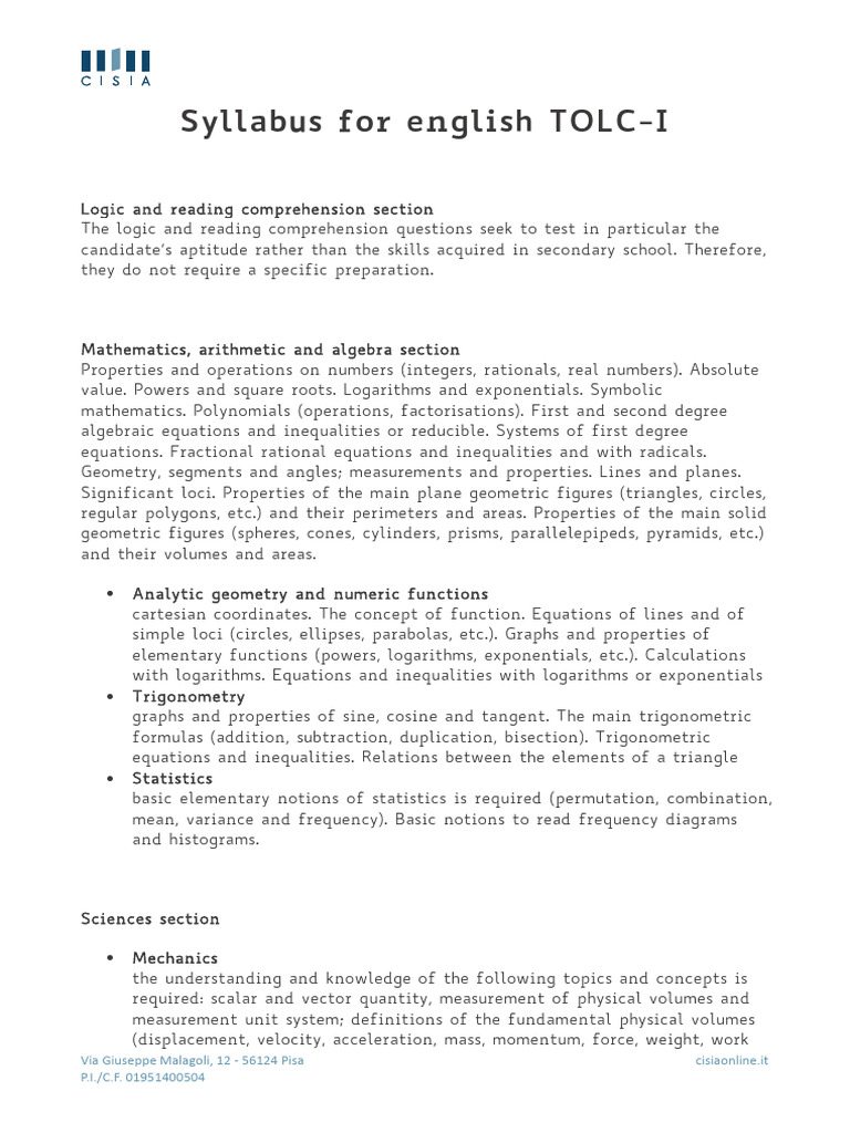 Syllabus English TOLC-I | PDF | Trigonometric Functions | Equations