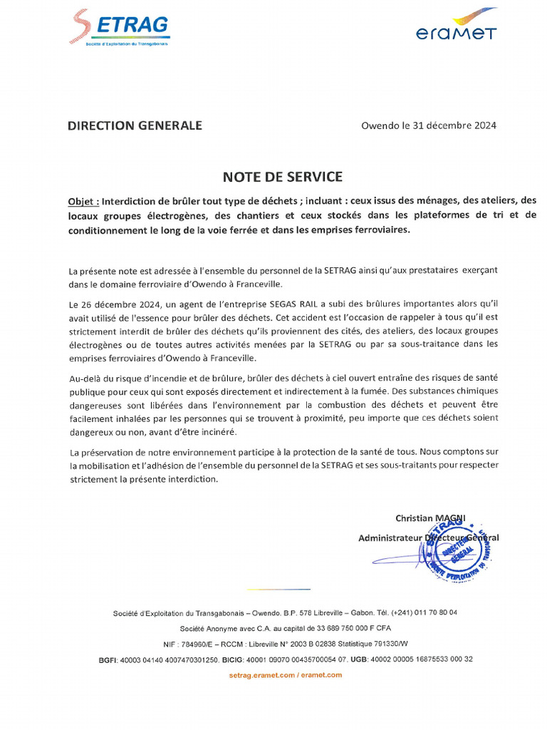 Note de Service 001 - Interdiction de Brûler Tout Type de Déchets | PDF