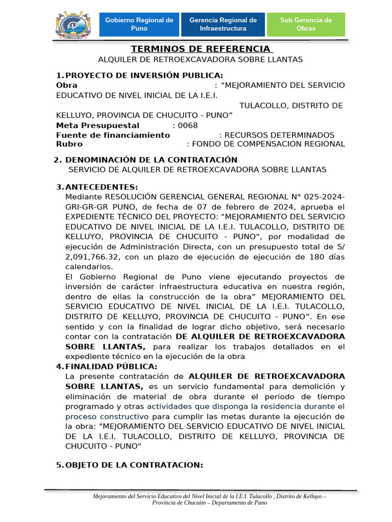 Alquiler de Retroexcavadora para Obra Educativa | PDF | Presupuesto