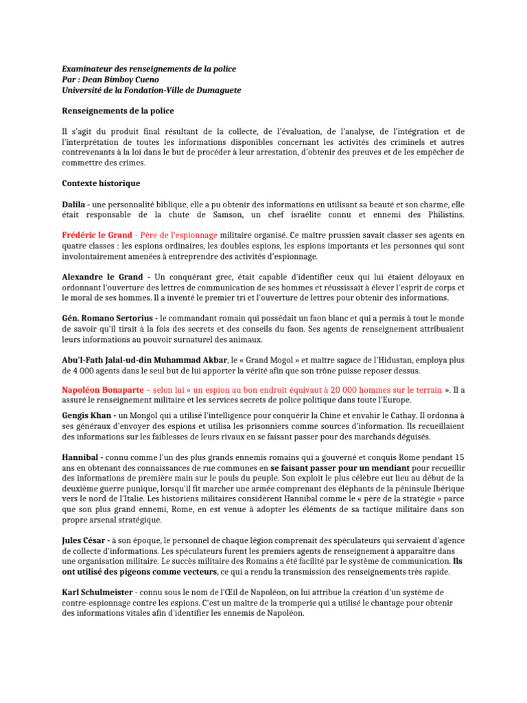 Renseignements policiers : Histoire et principes | PDF | Renseignement ...