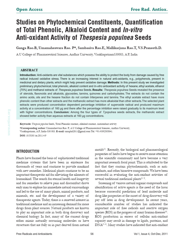 Antioxidant Activity of Thespesia populnea Seeds | PDF | Polyphenol ...