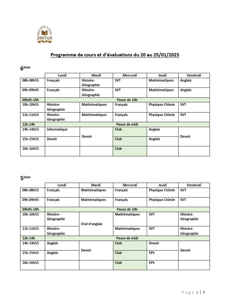 Programme Scolaire Du 20 Au 25 Janvier 2025 PDF Demande Sciences 