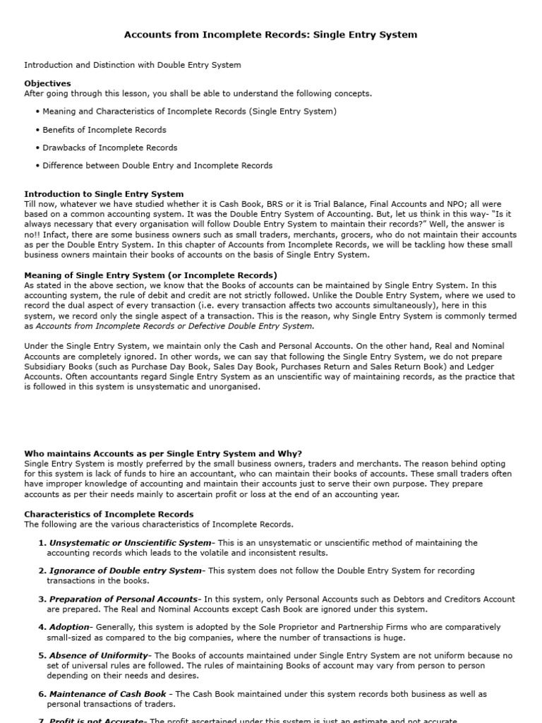Incomplete Records: Single Entry System | PDF | Balance Sheet | Expense