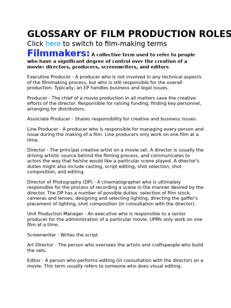 Filmmaking Glossary Roles Pdf Filmmaking Film Director