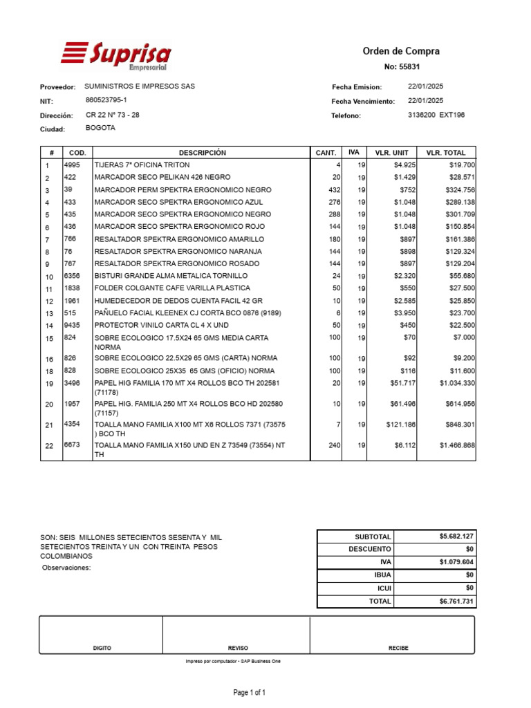 Orden de Compra de Suministros Oficina | PDF