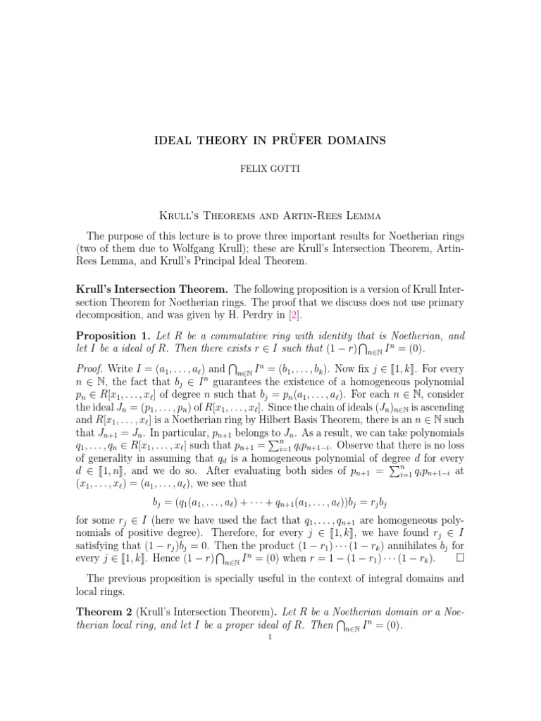 Krull's Principal Ideal Theorem Explained | PDF | Ring (Mathematics ...