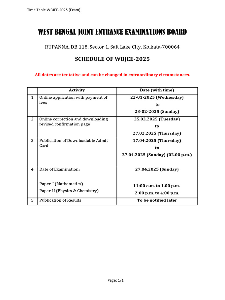 WBJEE 2025 Exam Schedule and Dates | PDF