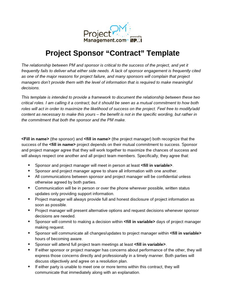 Project Sponsor Contract Template PDF Information