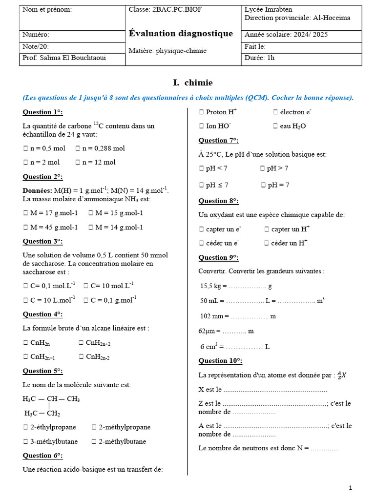 QCM de chimie et physique pour 2BAC PDF Ph Mole (unité) — free download