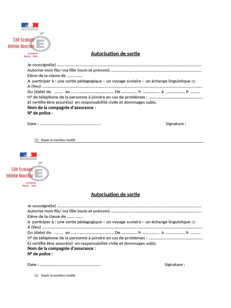 Modèle d'autorisation de sortie scolaire | PDF