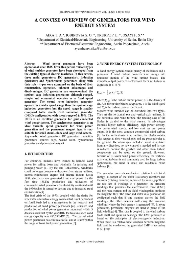 A Concise Overview of Generators For Wind Energy System | PDF ...