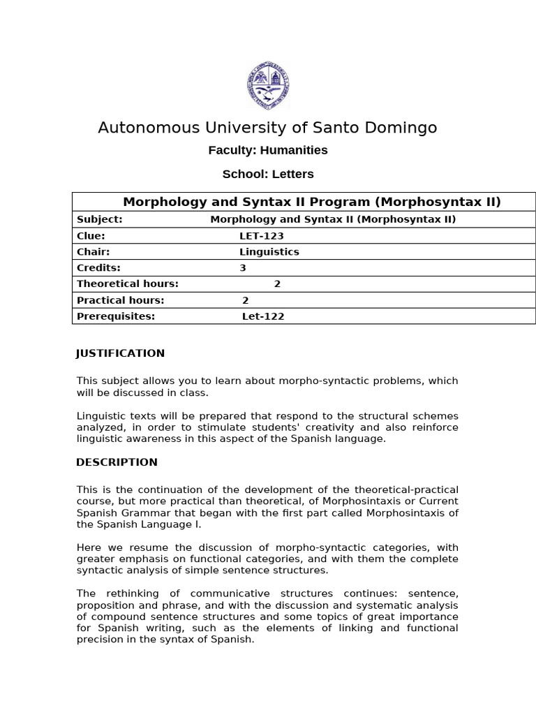 Morphology And Syntax Ii Program Pdf Syntax Linguistics