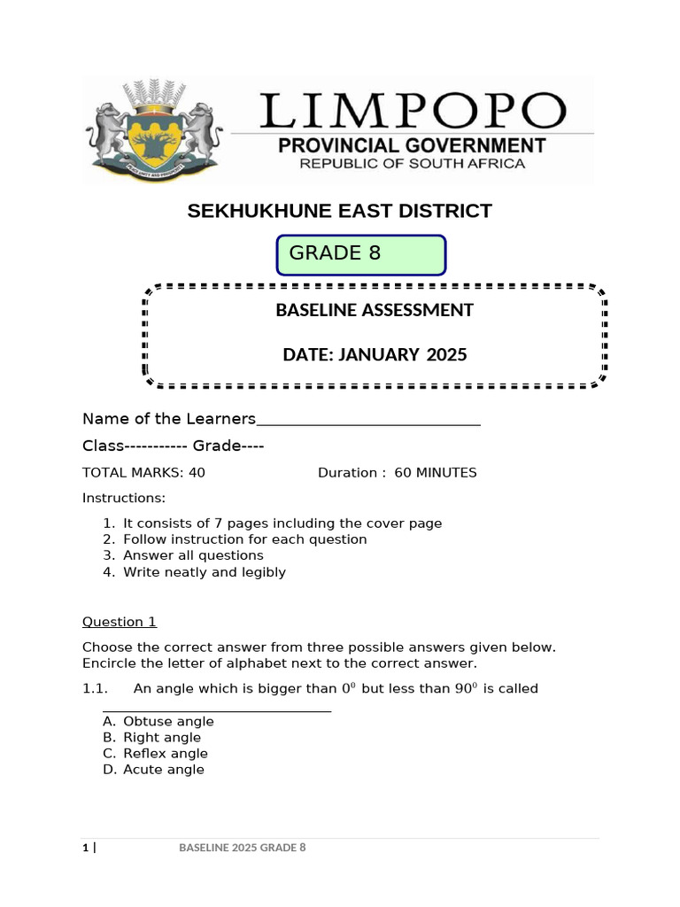 Grade 8 Baseline Assessment 2025 | PDF | Shape | Rectangle