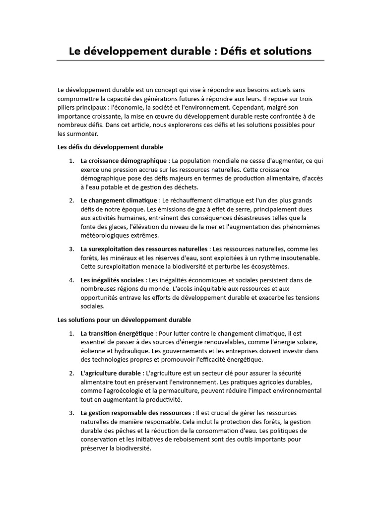 Développement durable : défis et solutions | PDF | Développement ...