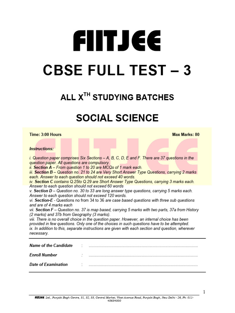 Cbse Full Test - 3-SST - Jan-24-2025 - QP - SGK - 250124 - 201659 | PDF