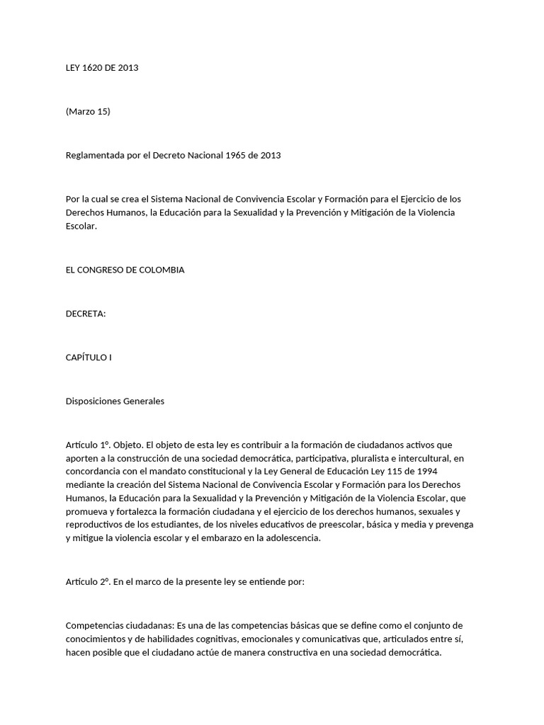 Ley 1620 de 2013: Convivencia Escolar y Derechos | PDF | Acoso ...