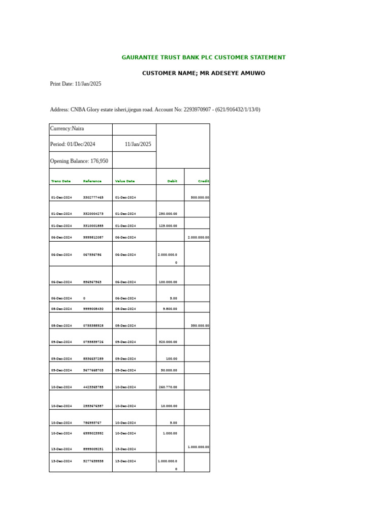 GTBank Customer Statement Dec 2024 | PDF