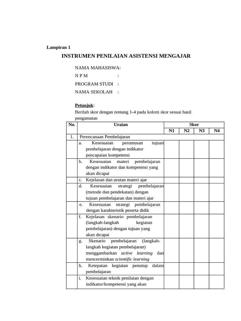 Instrumen Penilaian Asistensi Mengajar | PDF