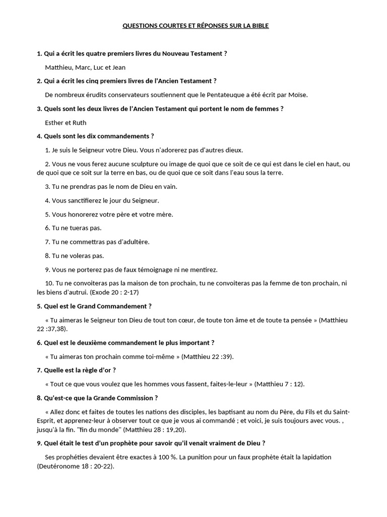 Questions Bibliques et Réponses Courtes | PDF | Livres des Rois | Jean ...