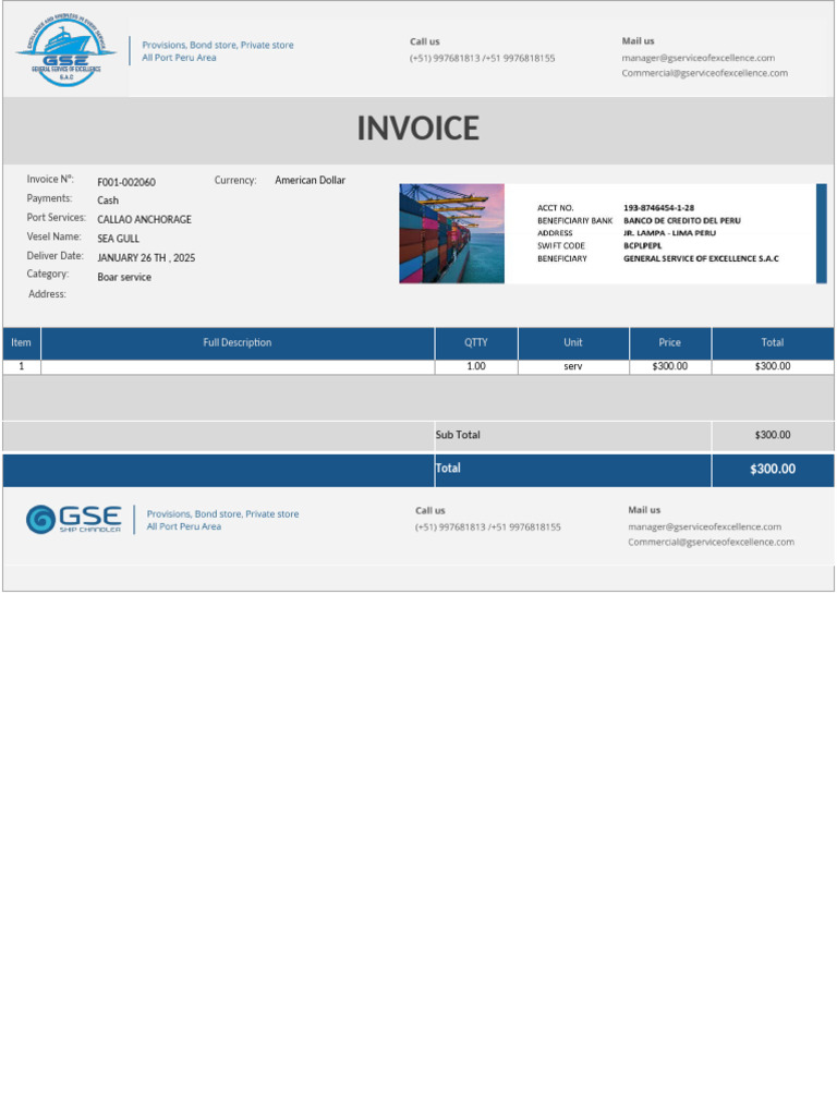 Boat Service Invoice - $300 Total | PDF