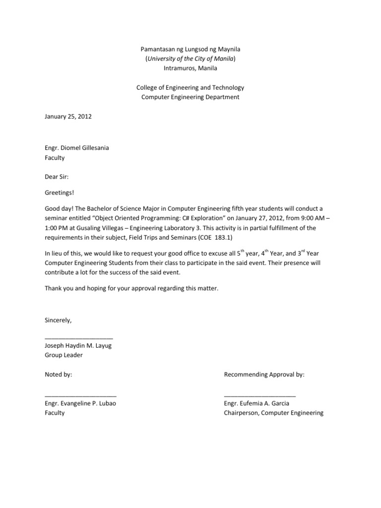 Excuse Letter For Seminar Science And Technology Academia