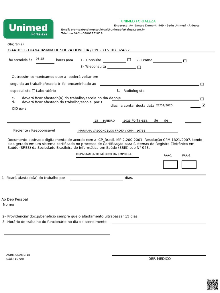 Atestado Médico Unimed Fortaleza | PDF