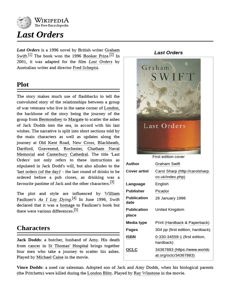 Last Orders by Graham Swift: Overview | PDF | English Language Literature