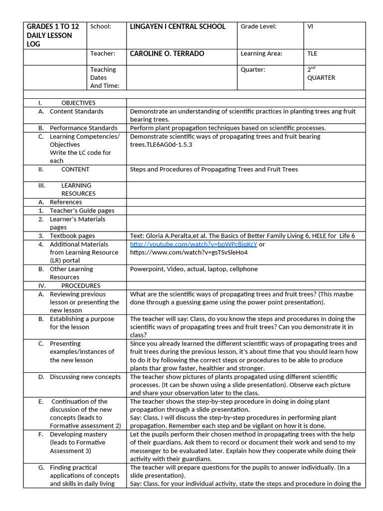 Tree Propagation Lesson Plan for Grade VI | PDF | Learning | Teachers
