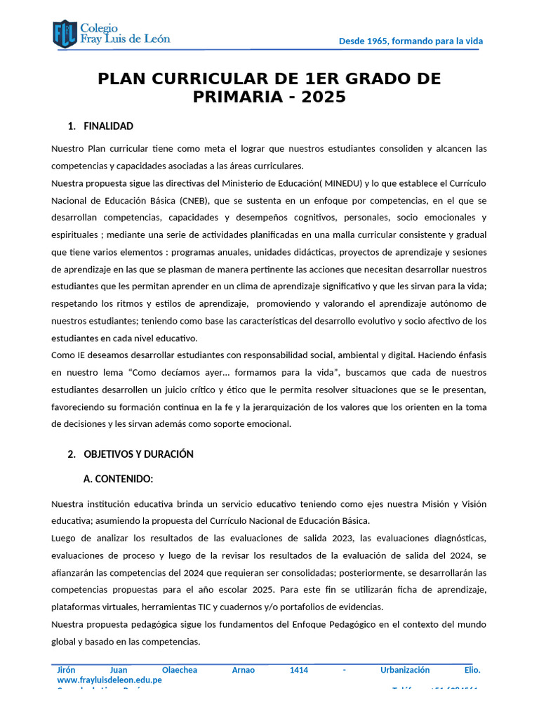 Plan Curricular 1er Grado 2025 Perú | PDF | Plan de estudios ...
