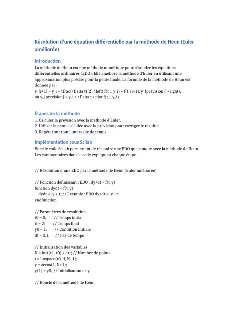 Méthode de Heun pour EDO en Scilab | PDF