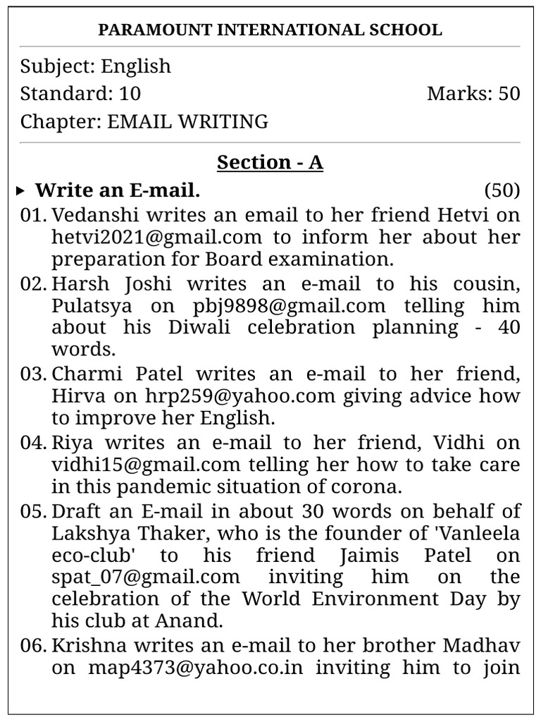 Email Writing Exercises for Grade 10 | PDF
