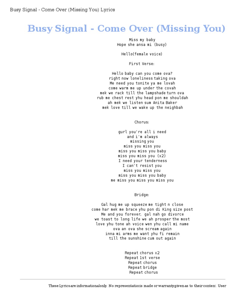 Busy Signal Come Over Missing You Lyrics Opera Pdf