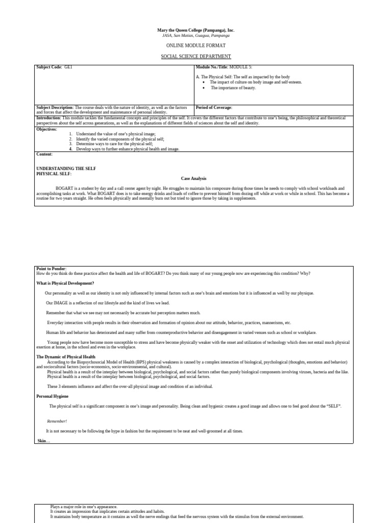 Module 5 Physical Self Pdf Behavior Self
