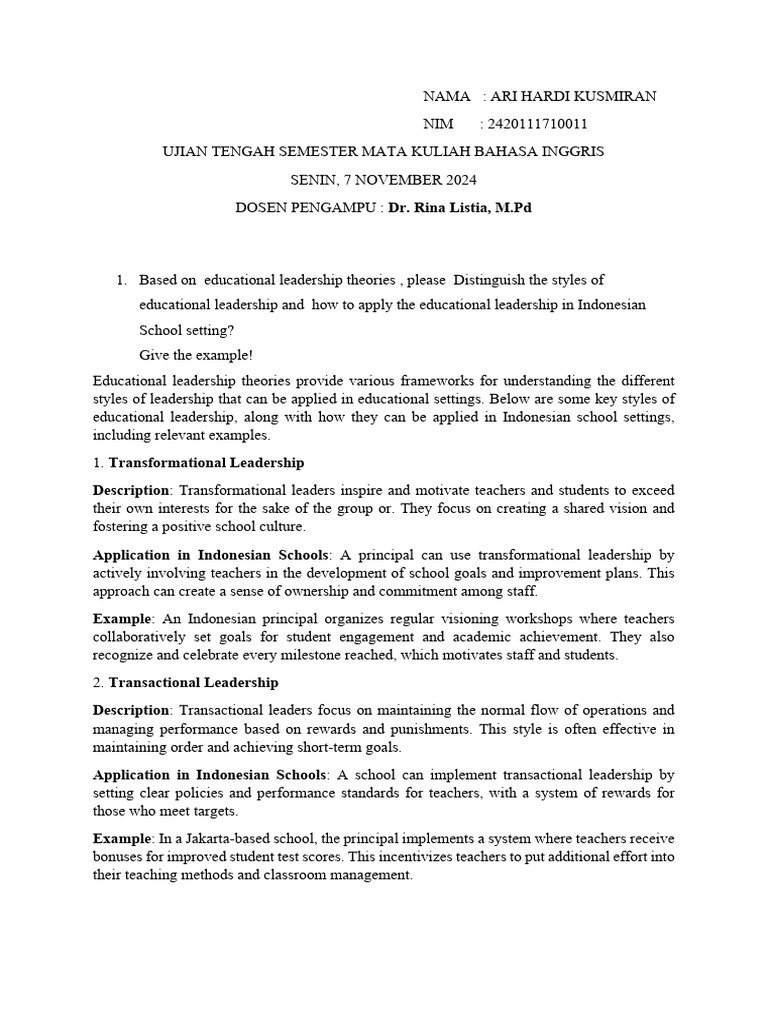 Educational Leadership Styles in Indonesia | PDF | Mentorship | Teachers
