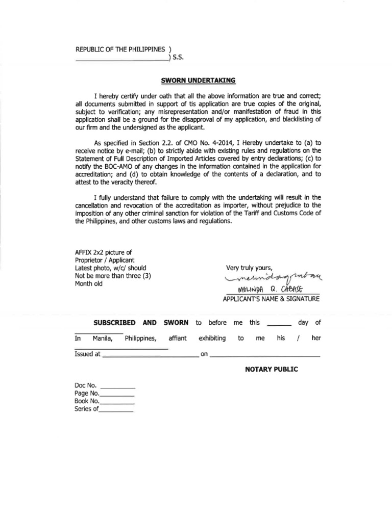 Sworn Undertaking | PDF